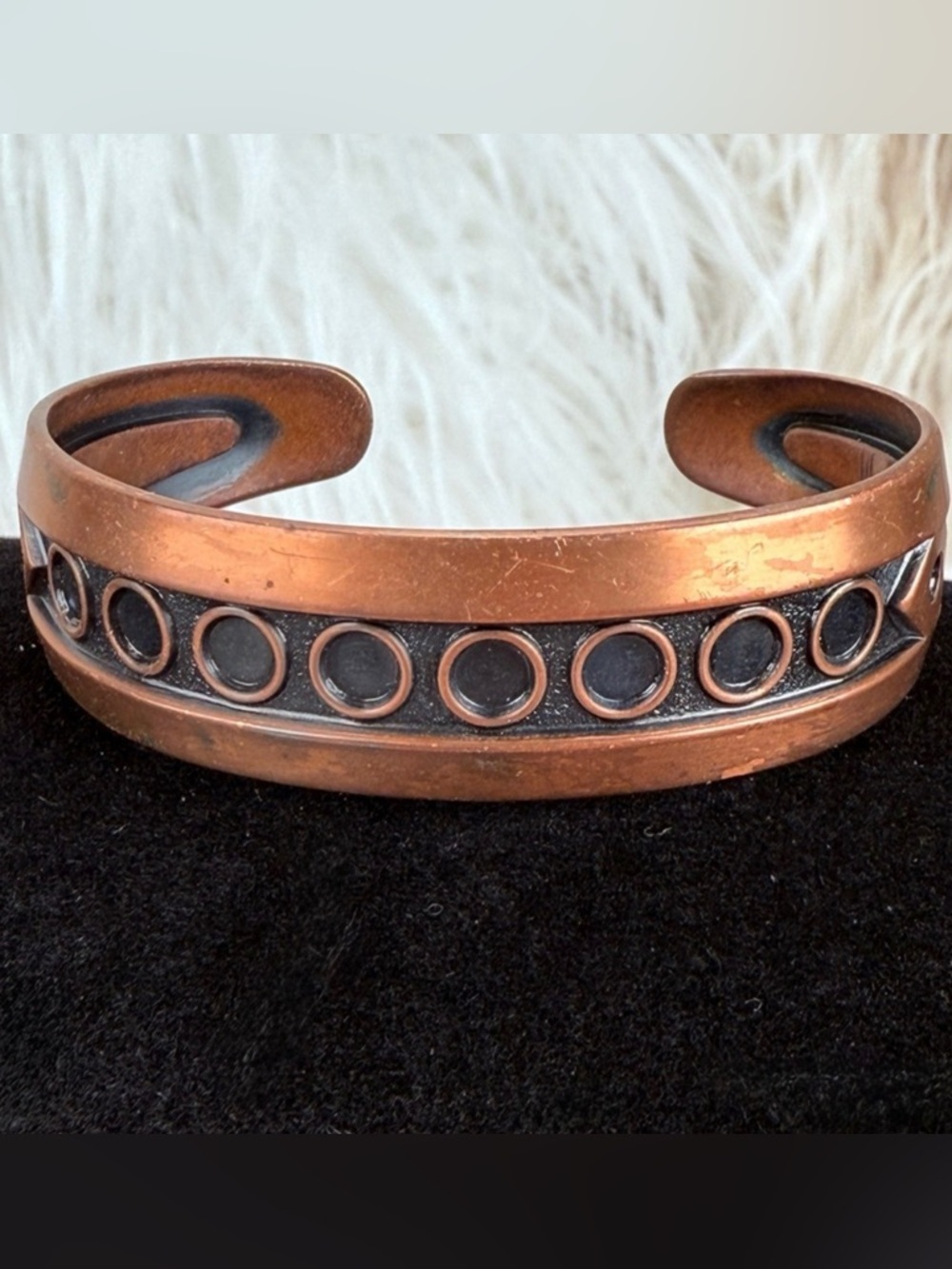 Vintage Copper Tone Cuff Bracelet Black Dot Inlay Unisex Statement Boho